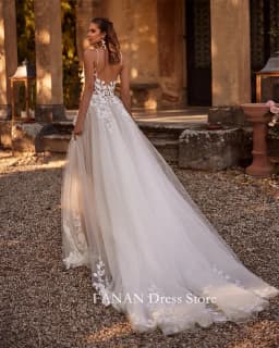 Fanan špagetová ramínka svatební šaty tylové aplikace na míru sexy otevřená záda nabírané slonovinové svatební šaty vestidos de novia - náhled 4