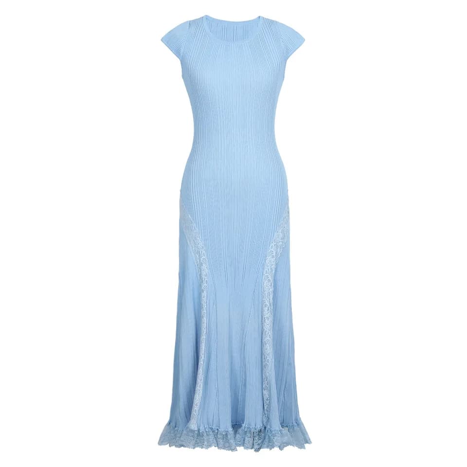 ZJYT Letní značkové krajkové patchworkové dlouhé pletené šaty pro ženy elegantní krátký rukáv jednobarevné modré štíhlé společenské šaty