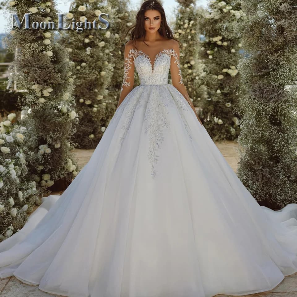 Svatební šaty s flitry a krajkovou aplikací, dlouhé rukávy, plesové šaty svatební šaty, vestido de noiva, na míru