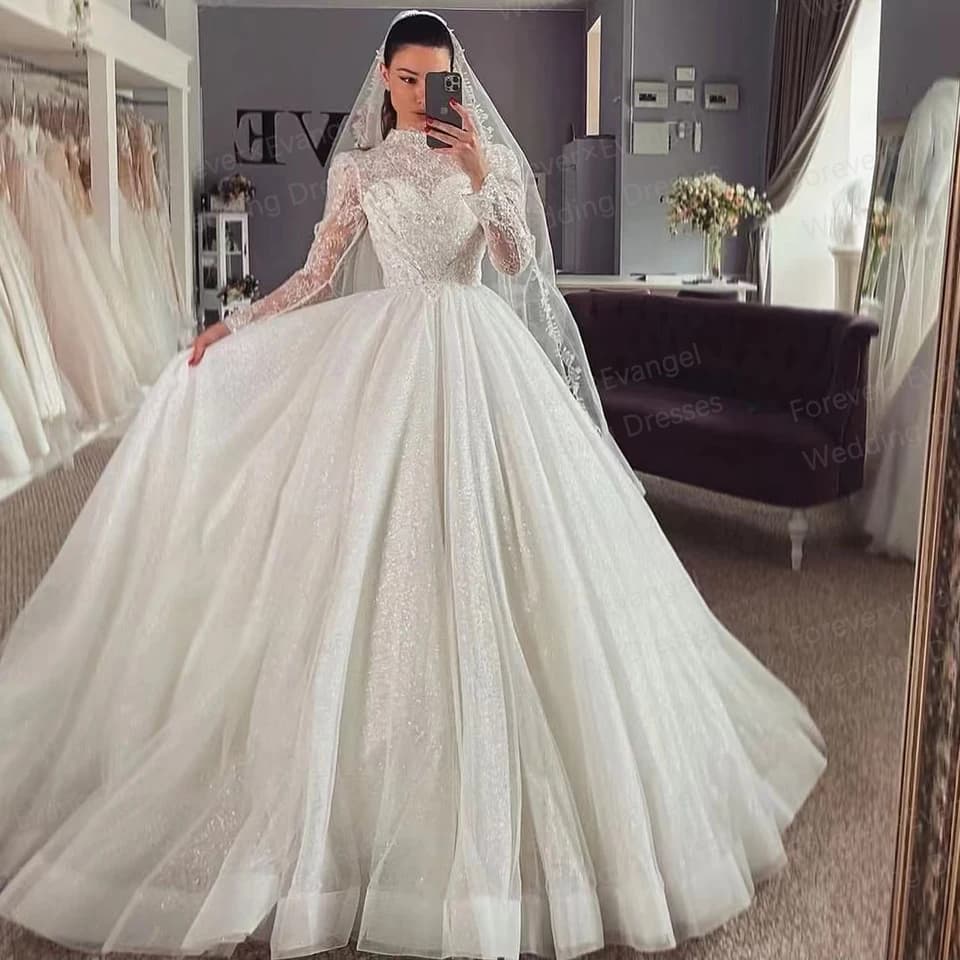 Třpytivé svatební šaty A Line Sexy s vysokým výstřihem a dlouhým rukávem, nevěstiné šaty s aplikací, princeznovské, na míru