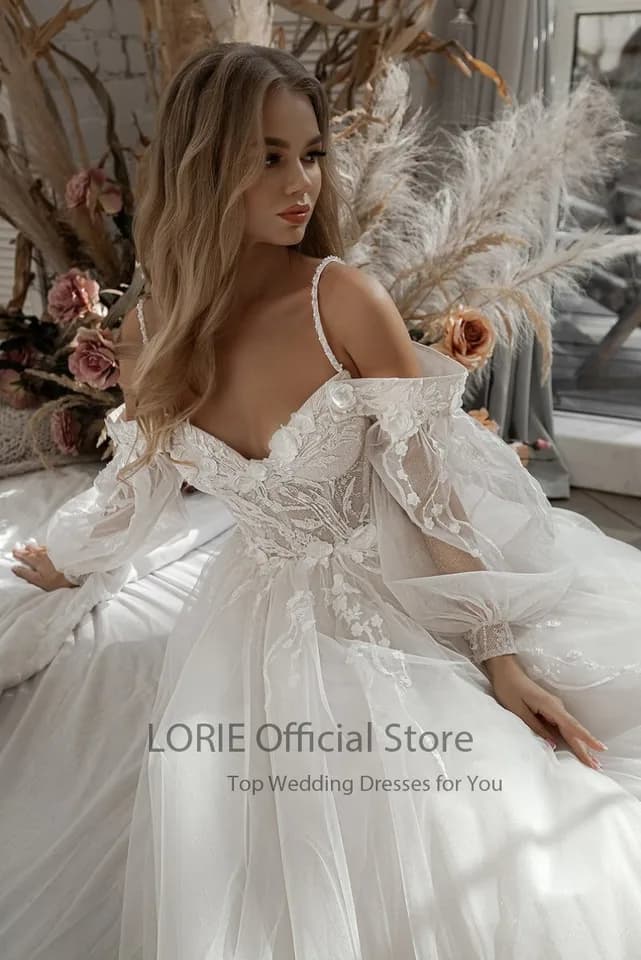 Třpytivé svatební šaty s nafouklými rukávy, aplikacemi, krajkou, 3D květinami, odhalenými rameny, tylem, boho nevěstinými šaty, vestidosdenovia na míru