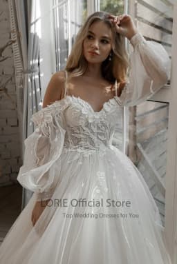 Třpytivé svatební šaty s nafouklými rukávy, aplikacemi, krajkou, 3D květinami, odhalenými rameny, tylem, boho nevěstinými šaty, vestidosdenovia na míru - náhled 3