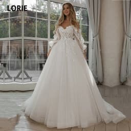 Třpytivé svatební šaty s nafouklými rukávy, aplikacemi, krajkou, 3D květinami, odhalenými rameny, tylem, boho nevěstinými šaty, vestidosdenovia na míru - náhled 4