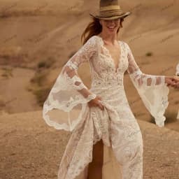 Boho svatební šaty elegantní svatební šaty s rozšířenými rukávy, róby s hlubokým výstřihem do V, volné zadky, vintage vestidos de novia, na míru 2025 - náhled 4