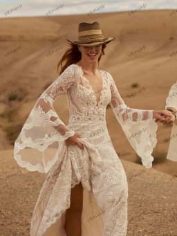 Boho svatební šaty elegantní svatební šaty s rozšířenými rukávy, róby s hlubokým výstřihem do V, volné zadky, vintage vestidos de novia, na míru 2025 - náhled 5