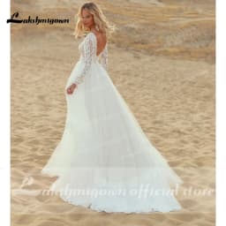 Trajes de novias largos Krajka Tyl Hluboký výstřih do V bez zad s dlouhým rukávem Boho svatební šaty Bohémský styl vestido para boda playa - náhled 3