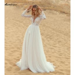 Trajes de novias largos Krajka Tyl Hluboký výstřih do V bez zad s dlouhým rukávem Boho svatební šaty Bohémský styl vestido para boda playa - náhled 6