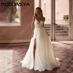 RODDRSYA Plážové krajkové svatební šaty s odhalenými zády, áčkové šaty s aplikací, špagetová ramínka, vestidos de novia, výstřih do V, boho šaty na míru - náhled 4
