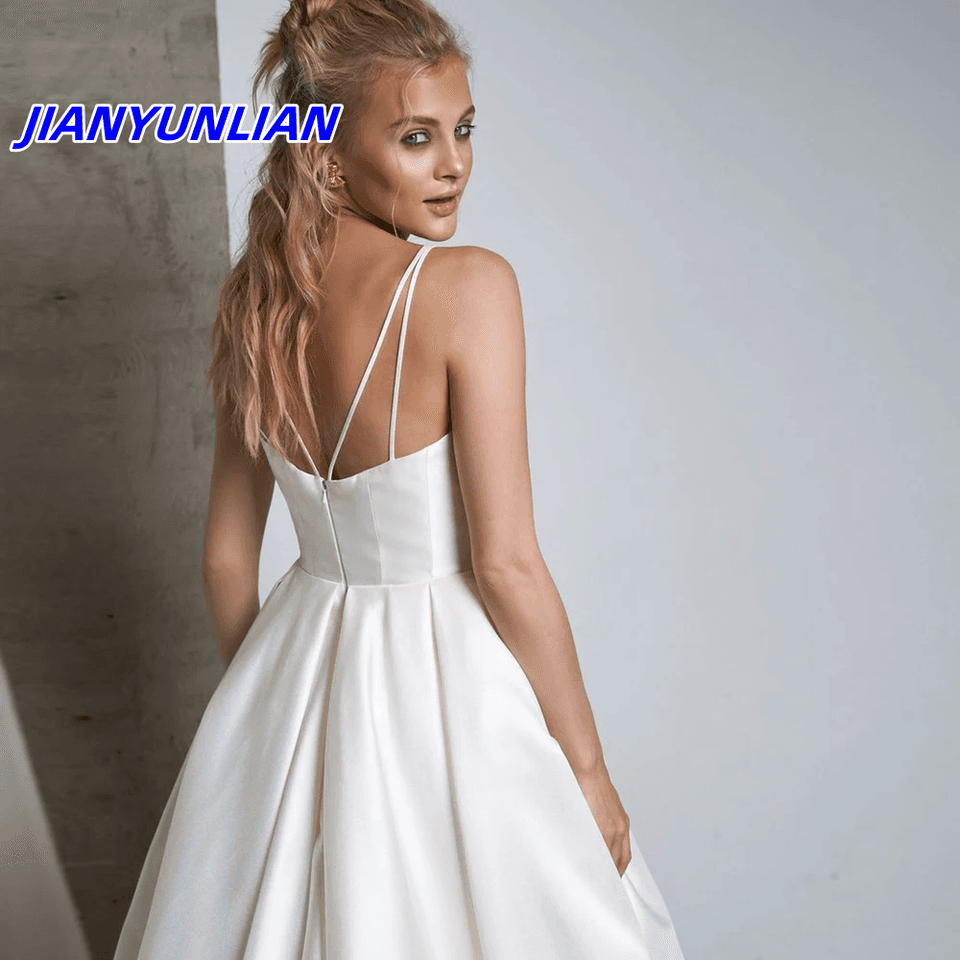 Módní saténové svatební šaty na míru, sexy špagetová ramínka, nabírané záhyby, jednoduché svatební šaty vestido de noiva