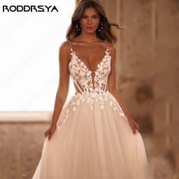 RODDRSYA Špagetová ramínka Třpytky Svatební šaty Dámské V-výstřih Applique Backless Boho Vestidos De Novia Sweep Train Přizpůsobené - náhled 2