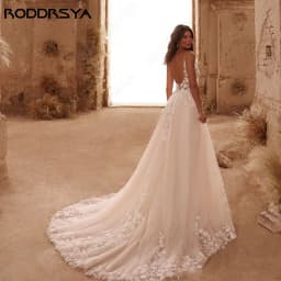 RODDRSYA Špagetová ramínka Třpytky Svatební šaty Dámské V-výstřih Applique Backless Boho Vestidos De Novia Sweep Train Přizpůsobené - náhled 5