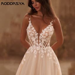 RODDRSYA Špagetová ramínka Třpytky Svatební šaty Dámské V-výstřih Applique Backless Boho Vestidos De Novia Sweep Train Přizpůsobené - náhled 4