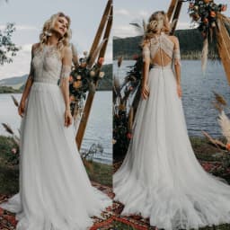 Svatební šaty s drahokamy a živůtkem, plážové a bohémské svatební šaty s iluzí na zádech, elegantní krajkové tylové svatební šaty 2025 - náhled 4