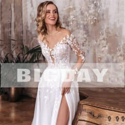 Elegantní svatební šaty do A-Line s otevřenými zády, výstřihem do V, krajkou a dlouhým rukávem s bočním rozparkem, tylem a svatebními šaty... - náhled 4