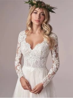 Boho svatební šaty s dlouhým rukávem, áčkovým vzorem, korzetem, nízkým zády, délkou na zem, krajkou a aplikacemi, tylem, na míru - náhled 3