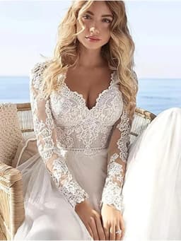 Boho svatební šaty s dlouhým rukávem, áčkovým vzorem, korzetem, nízkým zády, délkou na zem, krajkou a aplikacemi, tylem, na míru - náhled 4