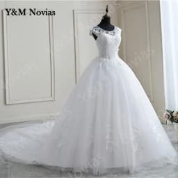 Nové jarní krajkové aplikace s perlami svatební šaty bez rukávů vestidos de novia bílé o-krk princezna nevěsta svatební šaty plus size - náhled 5