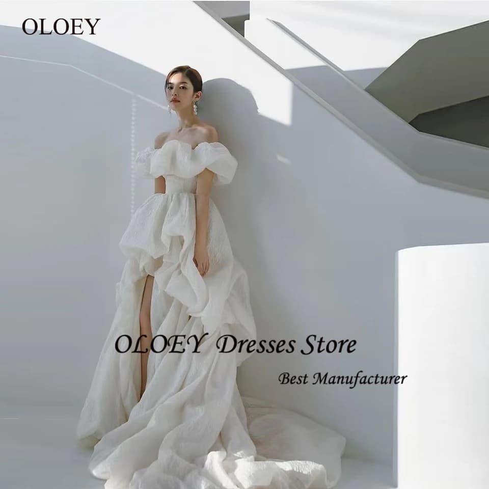 Svatební šaty OLOEY s odhalenými rameny a vysokými zády, krátké, vpředu a s dlouhým zády, s korzetem na zádech, na míru