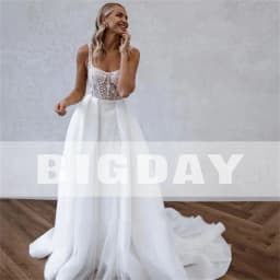 Svatební šaty A-Line s krajkou a otevřenými zády, čtvercovým límcem, špagetovými ramínky, rozdělenými, svatebními šaty, vlečkou, vestidos de noiva - náhled 4