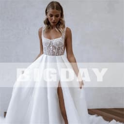 Svatební šaty A-Line s krajkou a otevřenými zády, čtvercovým límcem, špagetovými ramínky, rozdělenými, svatebními šaty, vlečkou, vestidos de noiva - náhled 5