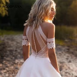 RODDRSYA bohémské svatební šaty pro ženy áčkové šaty boho krajka odnímatelné rukávy saténové svatební šaty perly župan de mariée na míru - náhled 2