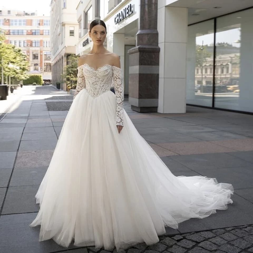 Svatební šaty A-Line s krajkou na míru, nové 2025, slonovinová barva, bez ramínek, s dlouhým rukávem, dámské letní svatební šaty...