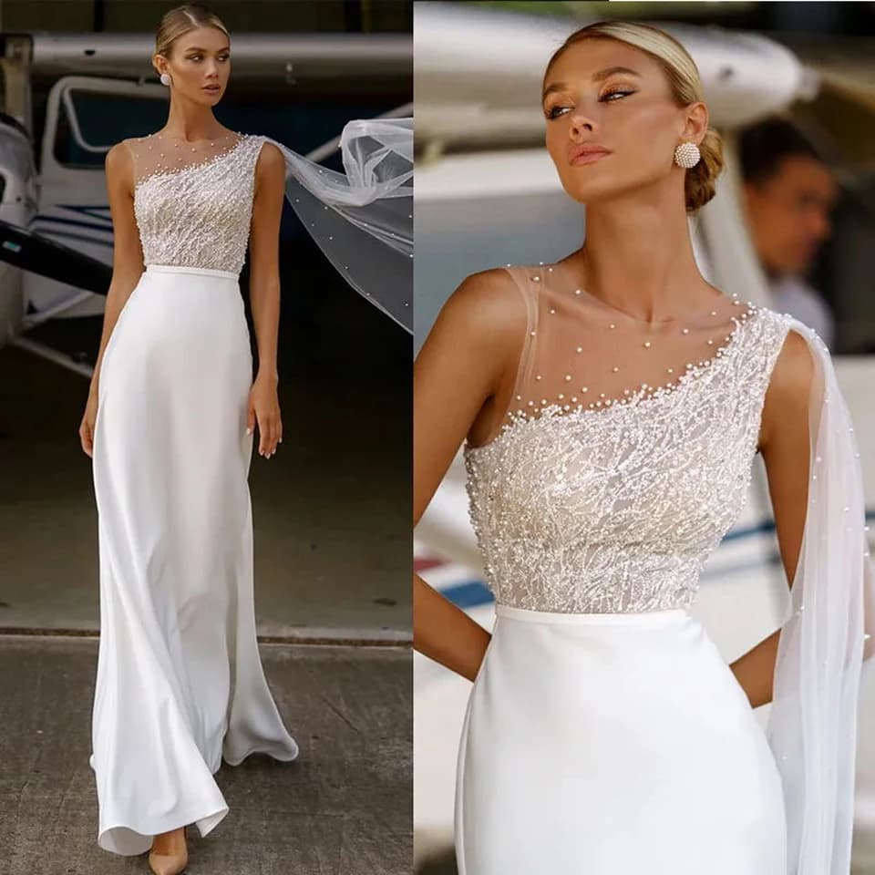 Světlé šifonové dámské svatební šaty s krajkovým potiskem, sexy svatební šaty bez rukávů, elegantní bílé, civilní, na míru