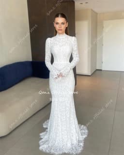 Boho svatební šaty s dlouhým rukávem a krajkovým vzorem, elegantní, velikost pro zakázku - náhled 3
