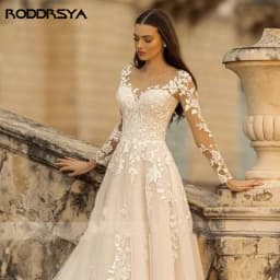 Elegantní svatební šaty áčkového střihu s dlouhým rukávem, krajkovým tylem a plážovými šaty s aplikací a výstřihem do O... - náhled 6