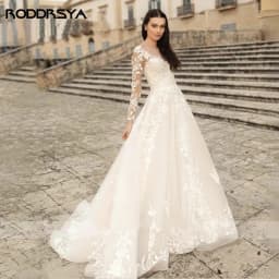 Elegantní svatební šaty áčkového střihu s dlouhým rukávem, krajkovým tylem a plážovými šaty s aplikací a výstřihem do O... - náhled 3