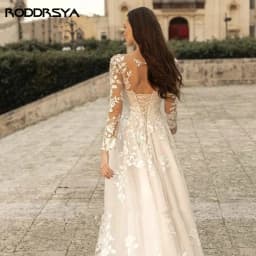 Elegantní svatební šaty áčkového střihu s dlouhým rukávem, krajkovým tylem a plážovými šaty s aplikací a výstřihem do O... - náhled 5