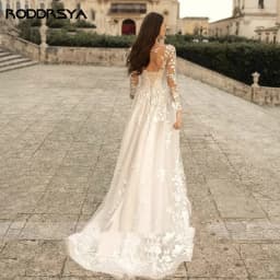 Elegantní svatební šaty áčkového střihu s dlouhým rukávem, krajkovým tylem a plážovými šaty s aplikací a výstřihem do O... - náhled 4