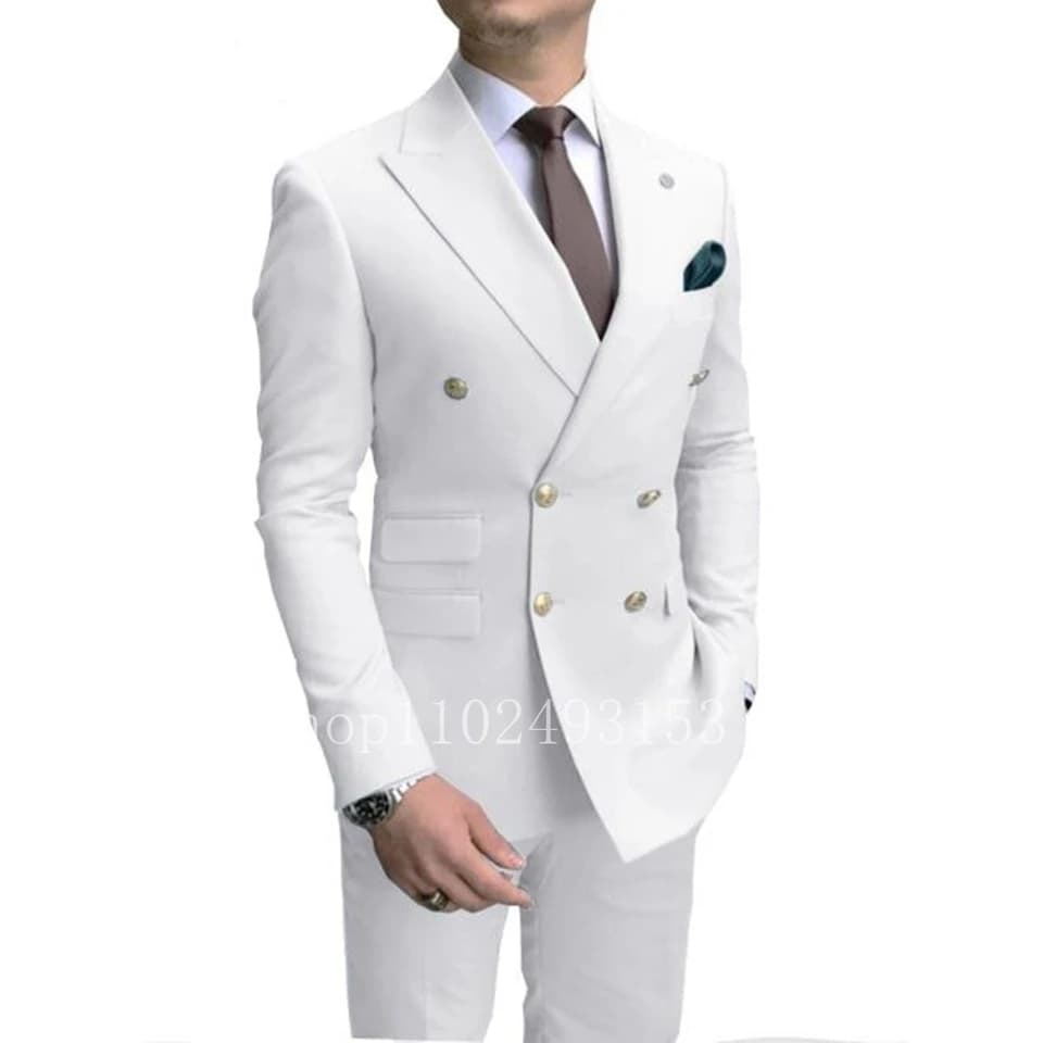 Pánský bílý slim fit svatební oblek, 2dílný dvouřadý formální smokingový set