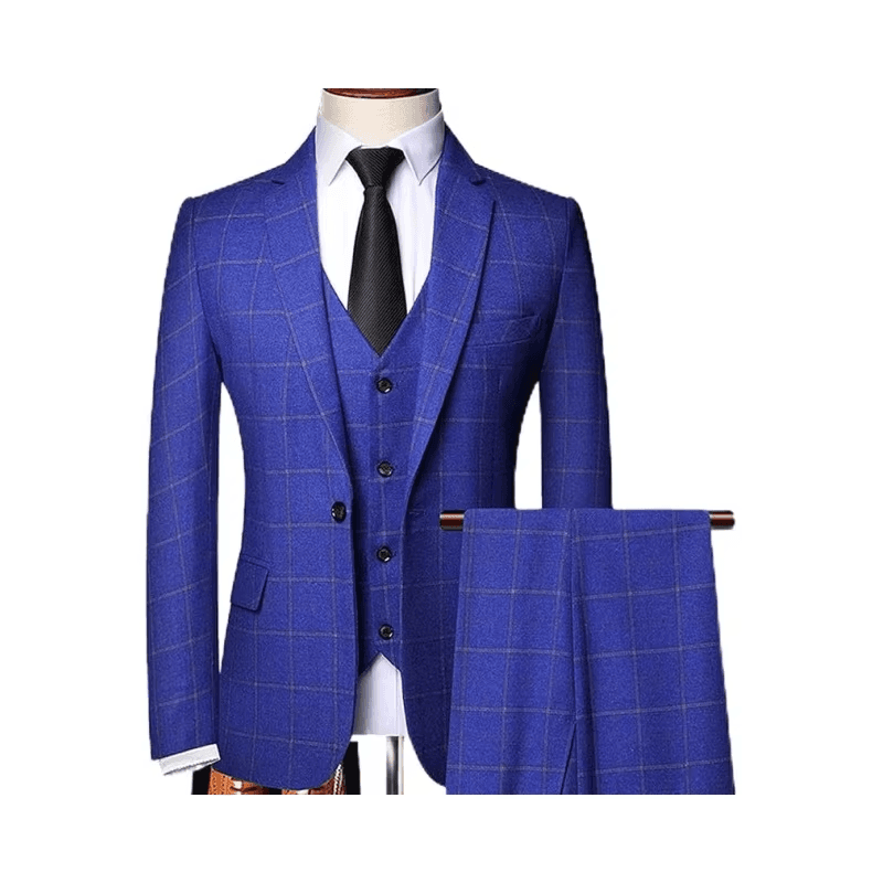 Pánský 3dílný kostkovaný oblek, slim fit, svatební, formální, sako, vesta, kalhoty, zapínání na jeden knoflík