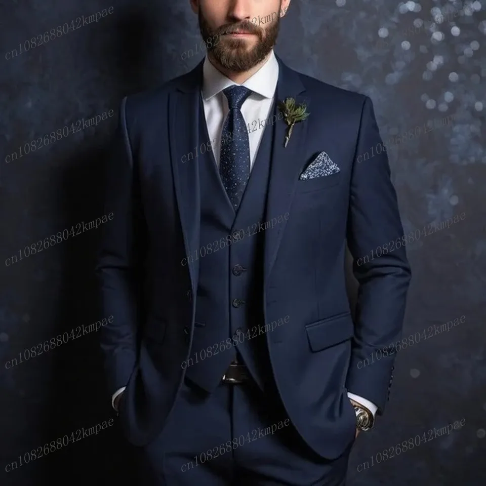 Tmavě modrý 3dílný pánský formální oblek - svatební smoking, sako, vesta, kalhoty pro ženicha a párty