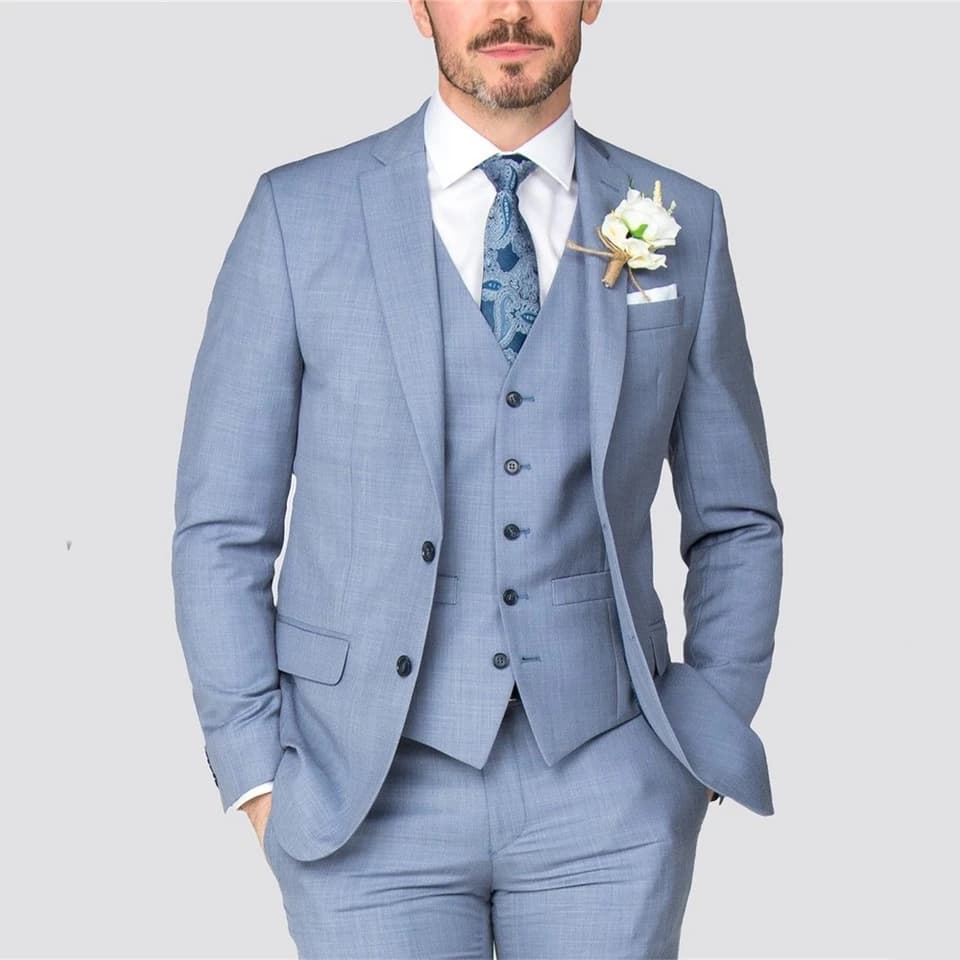 Pánský světle modrý 3dílný oblek Slim Fit Formální Svatební Business Blazer Bunda Kalhoty Set