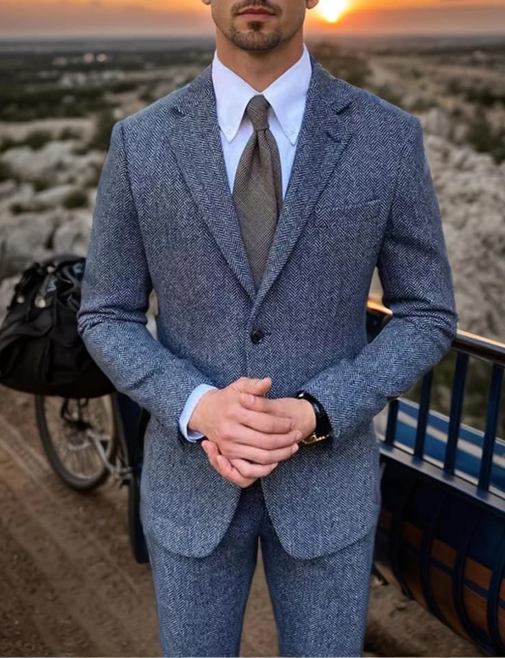 Pánský 3dílný oblekový set s rybí kostí - jednořadé sako, vesta, kalhoty, svatební, obchodní, společenský