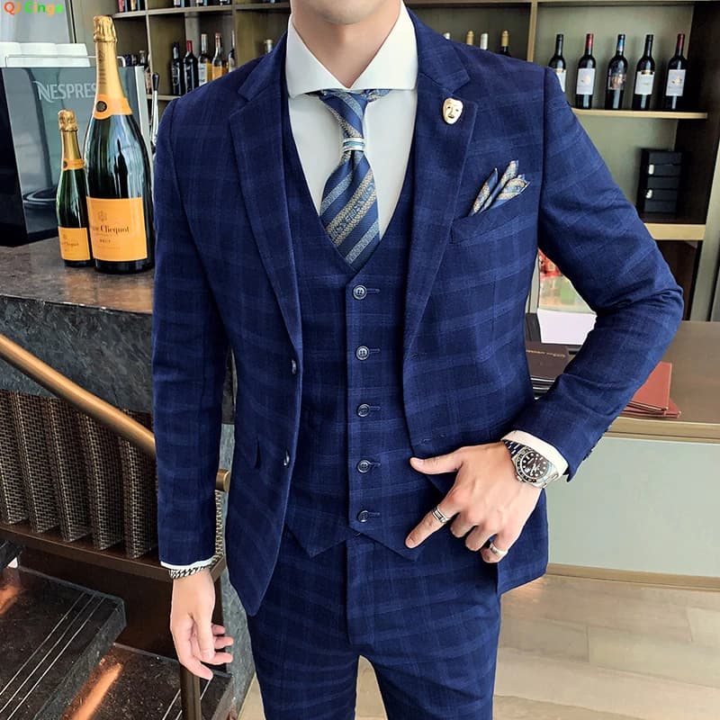 Pánský 3dílný oblek, slim fit, obchodní, formální, pruhovaný, kostkovaný, sako, kalhoty, vesta, svatební, kancelářský