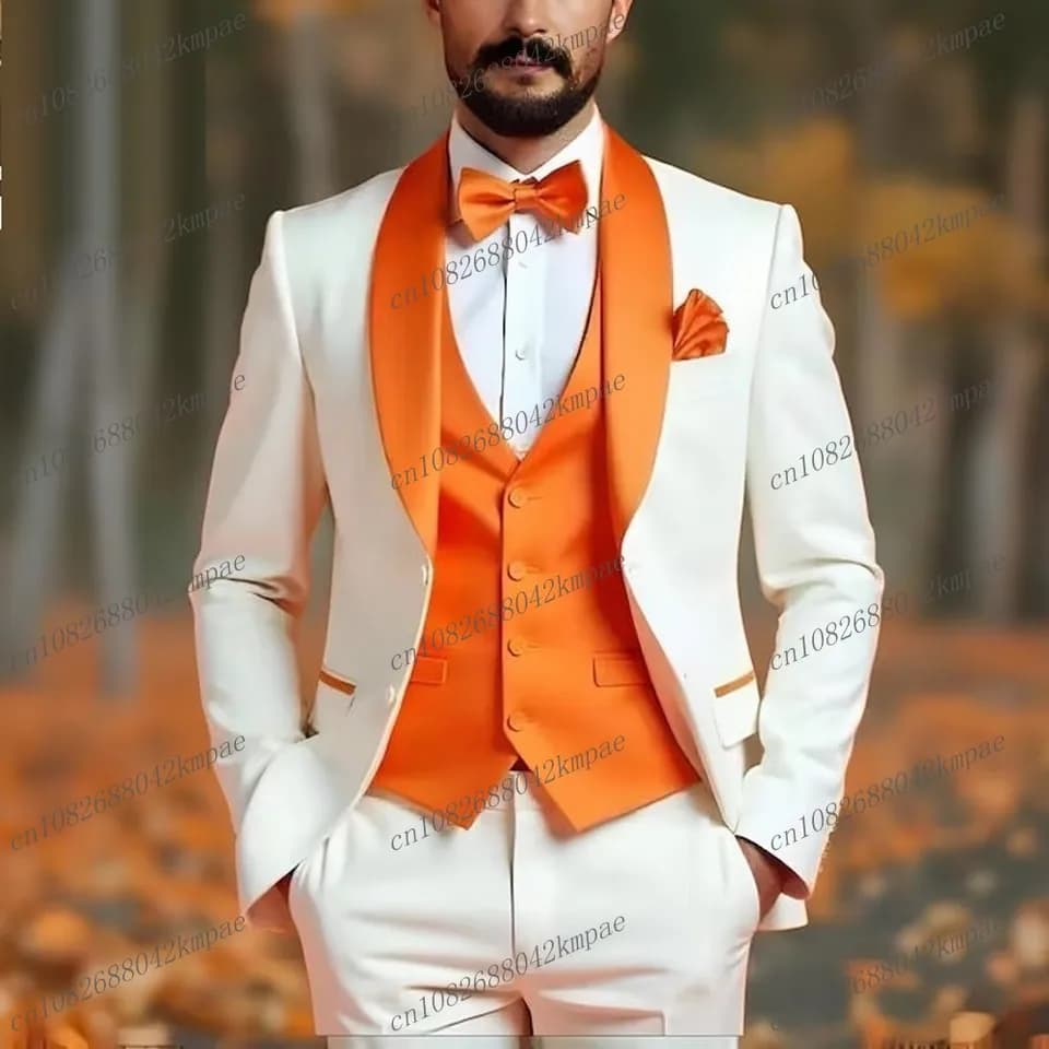 Pánský 3dílný smokingový set pro svatbu, bílý a oranžový, formální oblek, sako, vesta, kalhoty, ženich, maturitní ples...