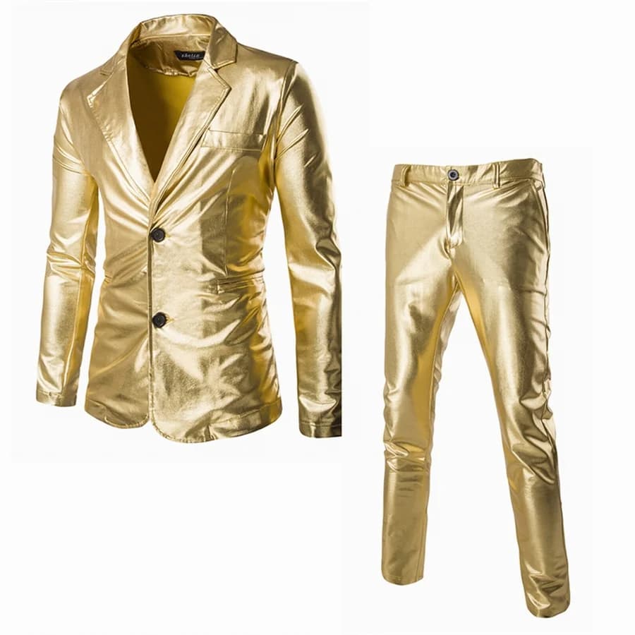 Pánský slim fit dvoudílný oblek, svatba, ples, párty, sako, sako, kalhoty, zlatá, stříbrná