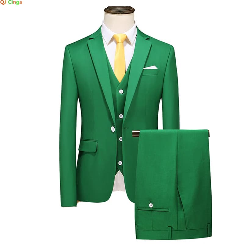 Pánský smaragdově zelený třídílný oblek - Business Casual Blazer Vesta Kalhoty Na Jeden Knoflík Formální Oblečení
