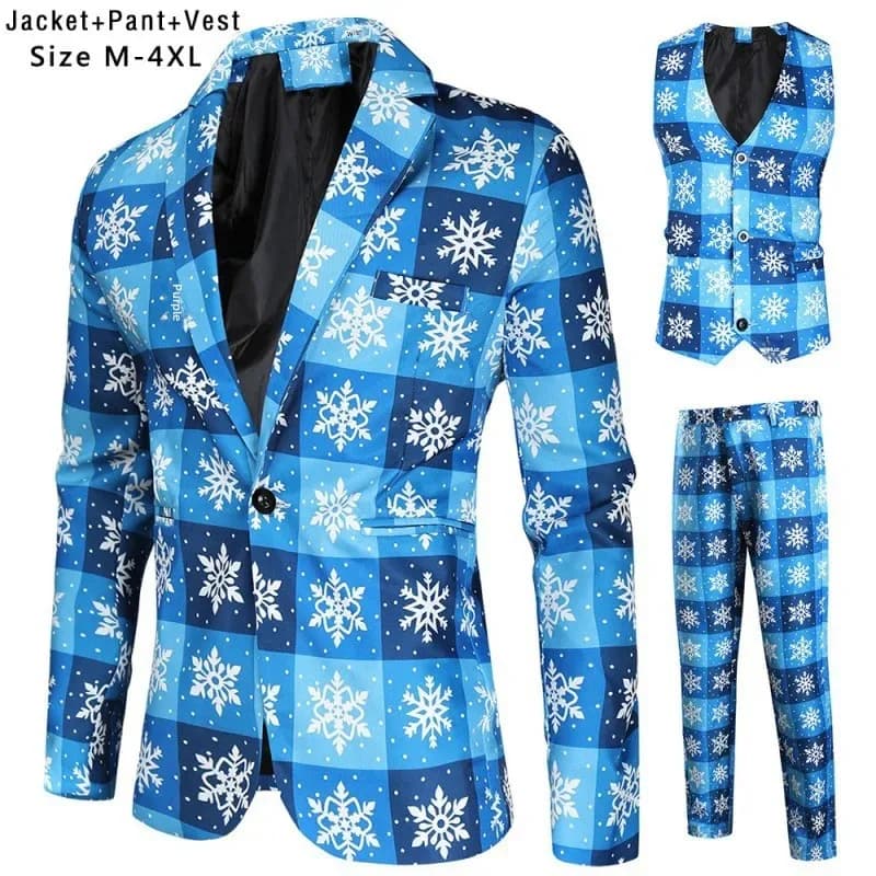 Pánský oblek s 3D vánočním potiskem - slavnostní vánoční, formální, sako, vesta, kalhoty, 3dílný outfit