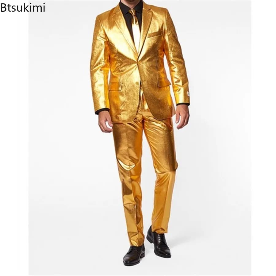 Pánský kovový kostým pro jevištní vystoupení, 2dílný slim fit kostým pro zpěváka, diskotéku, cosplay oblečení