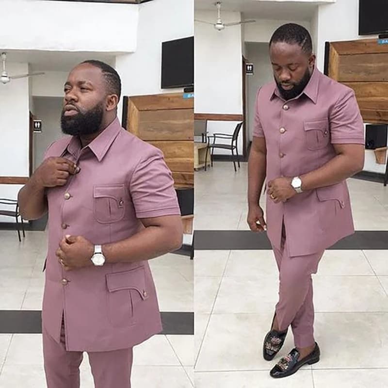 Pánský dvoudílný letní oblekový set s krátkým rukávem, úzkým střihem, ležérní bunda a kalhoty, jednobarevný