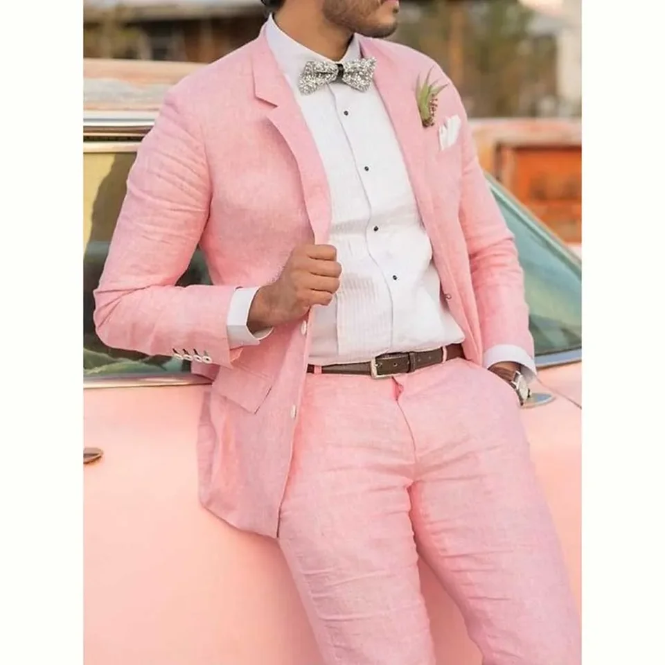 Pánský růžový lněný oblek, 2dílný slim střih, formální, svatební, ženichův sako/kalhoty