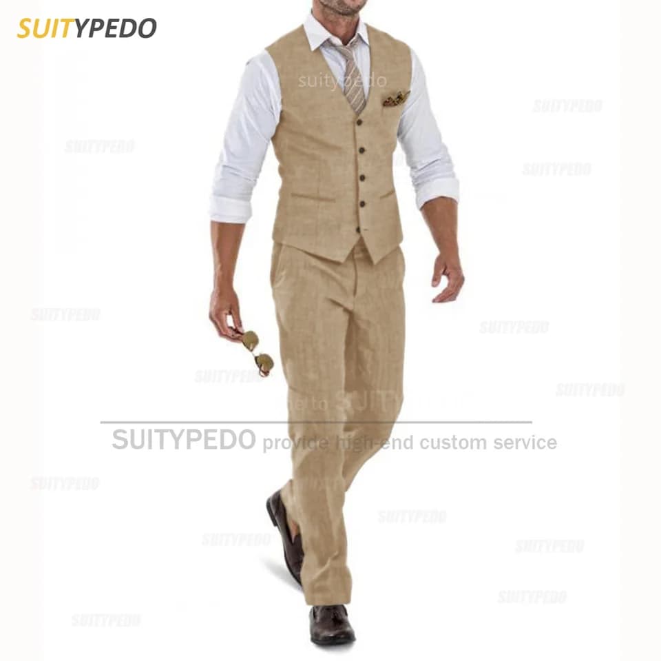 Pánský dvoudílný lněný oblek - Slim Fit Casual Svatební Business Letní Slonovinová vesta Kalhoty