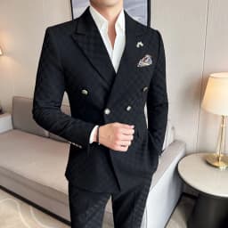 Pánský dvouřadý kostkovaný oblek, dvoudílný, slim střih, obchodní, formální, svatební, smoking, velikost M-5XL - náhled 3