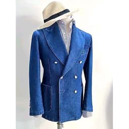 Pánský dvouřadý džínový oblek, dvoudílný slim fit sako, kalhoty, sada s klopou, formální oblečení - náhled 4