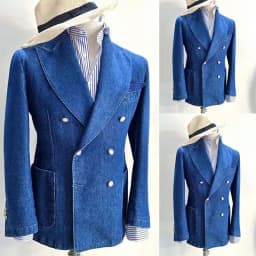 Pánský dvouřadý džínový oblek, dvoudílný slim fit sako, kalhoty, sada s klopou, formální oblečení - náhled 3