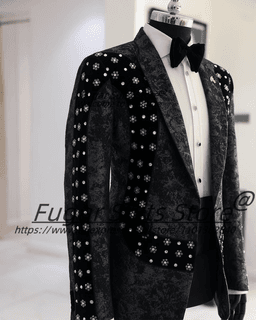 Pánský sametový květinový plesový blazer, slim střih, klopa, svatební smoking, 2dílná sada - náhled 3
